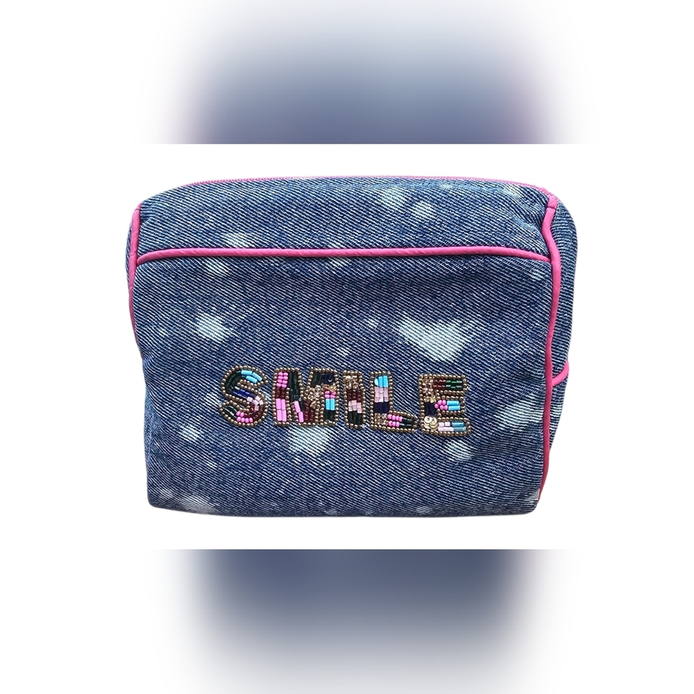 NEW My Doris - Small Denim 'Smile' Hand Beaded Embellished Women's Cosmetic Bag